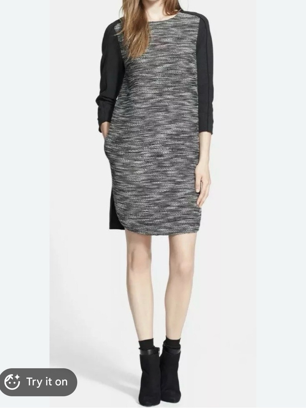 Vince Tweed Black White Knee Length Shift Dress L